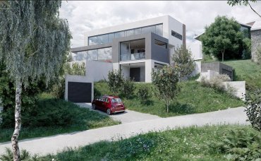 Blick von der unteren Straße: Die neue Aufstockung sitzt selbstbewusst über dem Bestand und öffnet den Blick zur Landschaft.