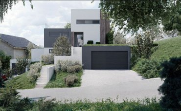 Klar gegliederte Straßenansicht mit neuer Doppelgarage und minimalistischem Eingangsbereich.